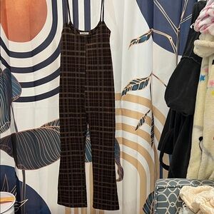 Timing Brown Plaid Wide-Leg Jumpsuit with Spaghetti Straps